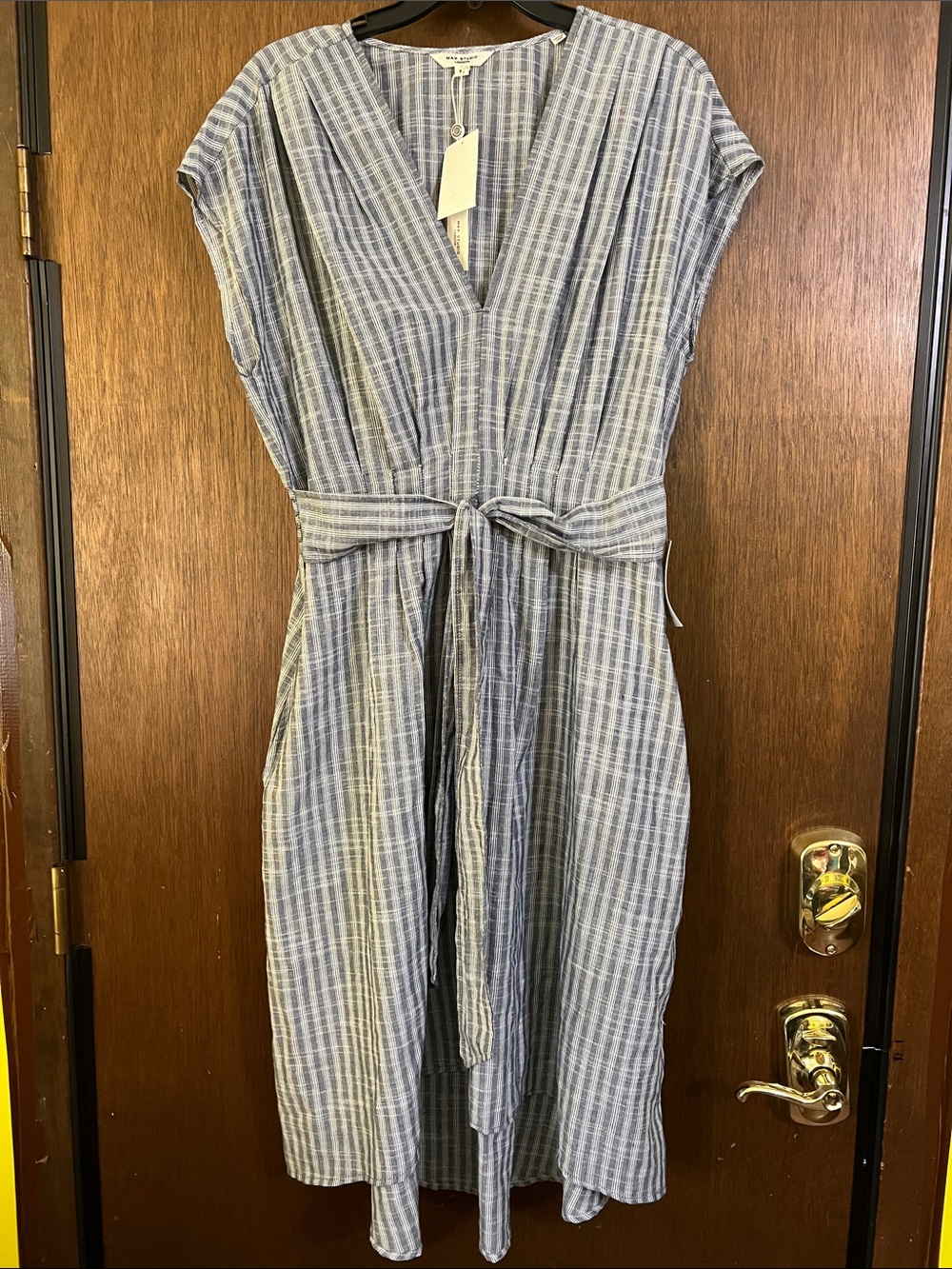 Max Studio Light Blue Striped V-Neck Tie-Waist Midi Dress